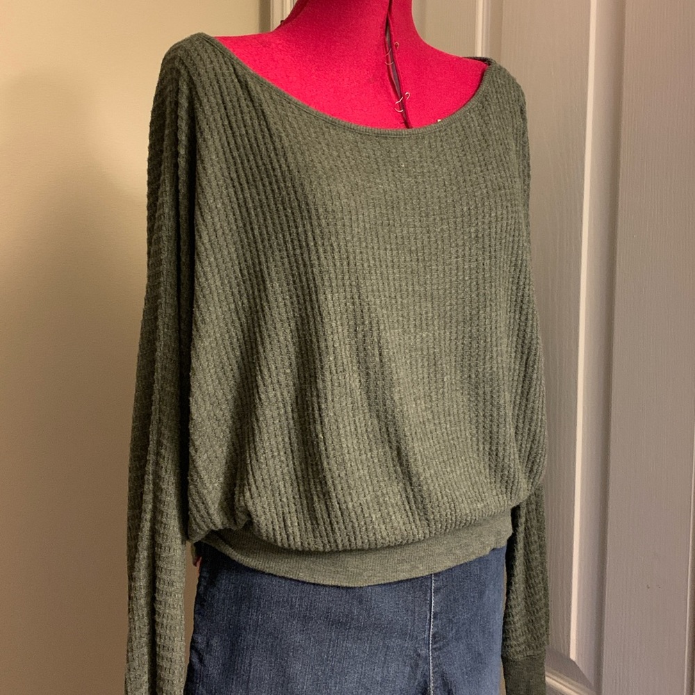 Democracy green dolman sleeve waffle weave top Large